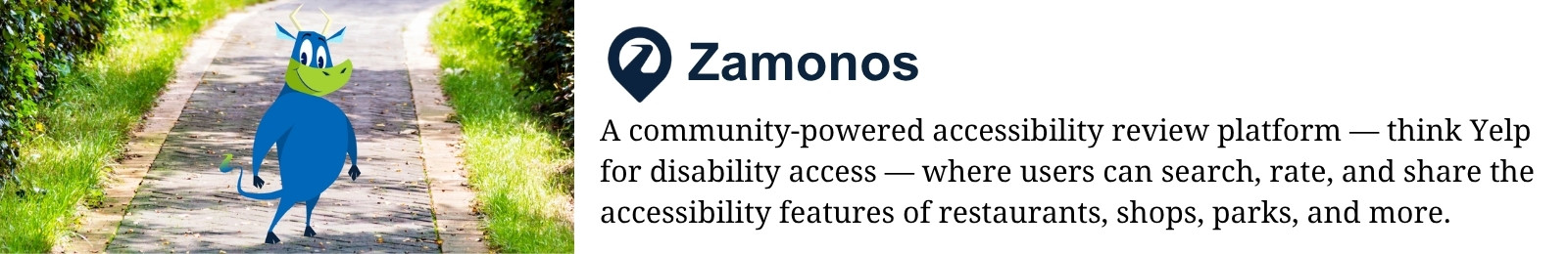 Zamonos logo and mascot — community-powered accessibility review platform for restaurants, shops, parks and more, TWIA partner