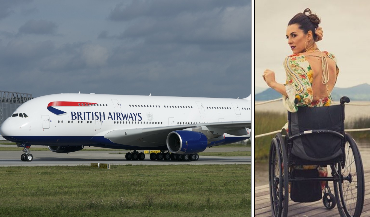 A photo of samanta bullock next to a photo of a british airways plane.