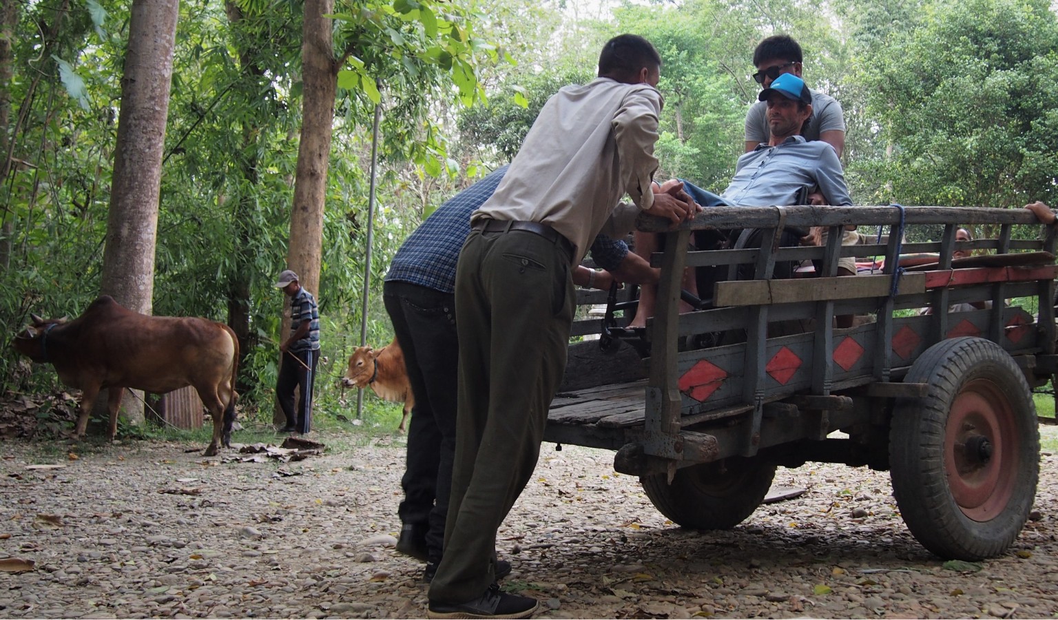 Jezza Williams, a disabled adventurer and tetraplegic, is helped onto a wooden wagon cart by local men on a rural path in Nepal, with cattle grazing in the background.