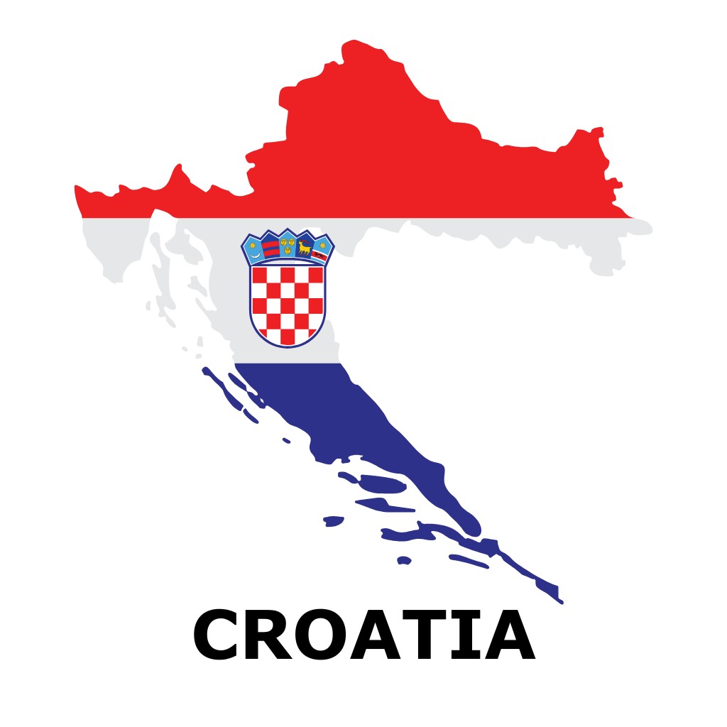 Map silhouette of Croatia filled with the Croatian flag colors, red and white checkered coat of arms, and the word "Croatia" below