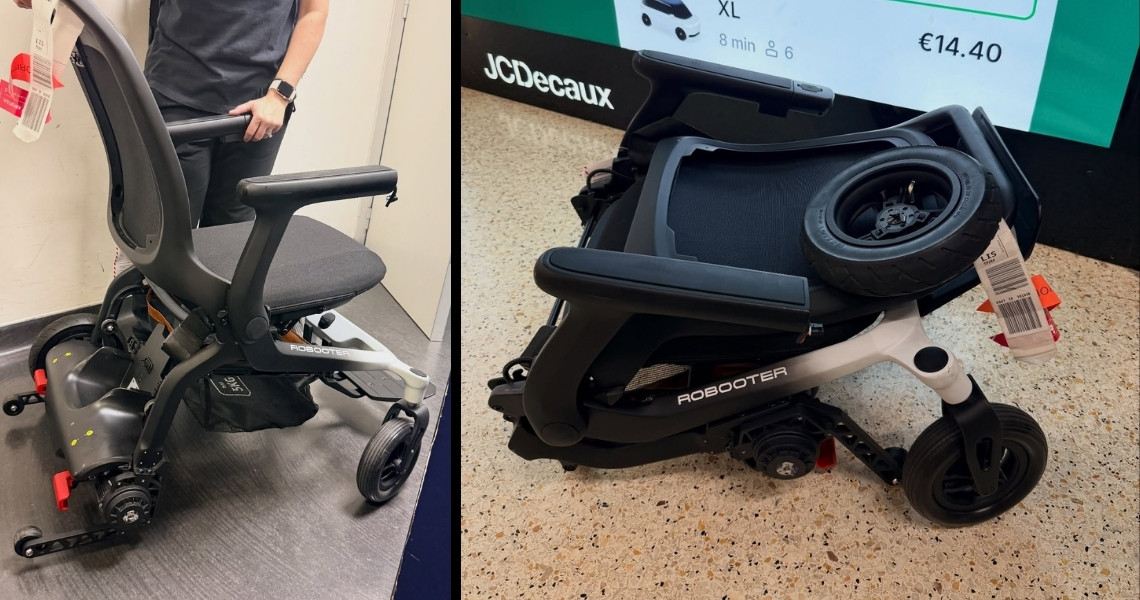 Split image of a damaged black Robooter E80 power wheelchair at Lisbon Airport; left photo shows a woman holding the folded chair by its handle with an airline baggage tag attached, right photo shows the chair folded and strapped shut on an airport floor with a priority tag, its shattered rear wheel hub visible.