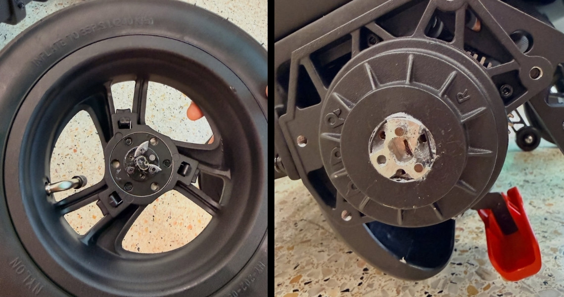 Split close-up of the shattered wheel on a Robooter E80 power wheelchair damaged by TAP Air Portugal; left photo shows the removed tire with cracked spokes and jagged metal fragments where the axle hub should be, right photo shows the same broken hub still attached to the chair's frame with visible fracture damage around the mounting bolts.