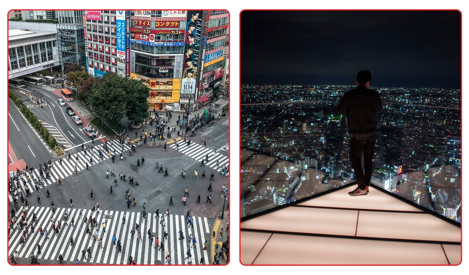 Two views from Shibuya Sky in Tokyo: Shibuya Crossing seen from above with crowds on the striped crosswalks and a visitor looking out over the city lights at night