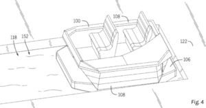 Patent drawing of a two-seat boat ride vehicle in a water channel beside a loading platform, from Disney's boat ride patent application