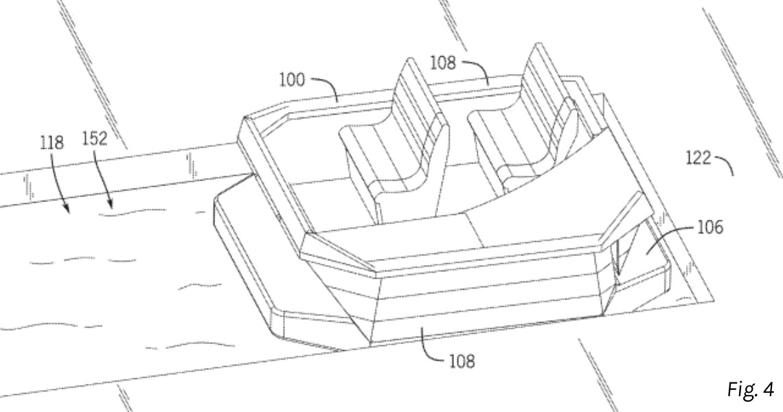 Patent drawing of a two-seat boat ride vehicle in a water channel beside a loading platform, from Disney's boat ride patent application