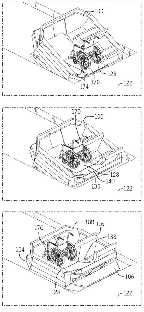 Three patent drawings of a boat ride vehicle showing a wheelchair on a movable platform, moving from the loading position to the ride position, from Disney's boat ride patent application