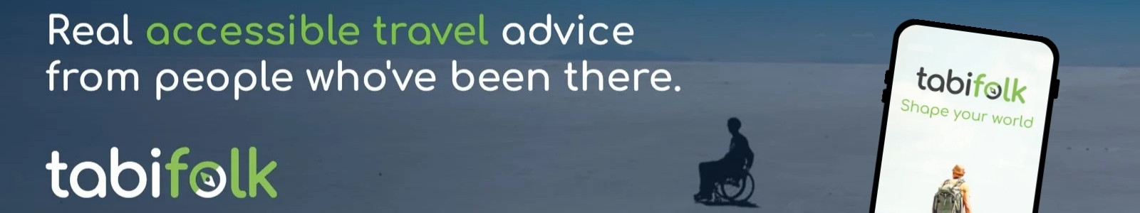 Tabifolk banner – real accessible travel advice from people who've been there, featuring a wheelchair user on an open landscape. There is also part of a mobile phone visible with the tabifolk site on its display.